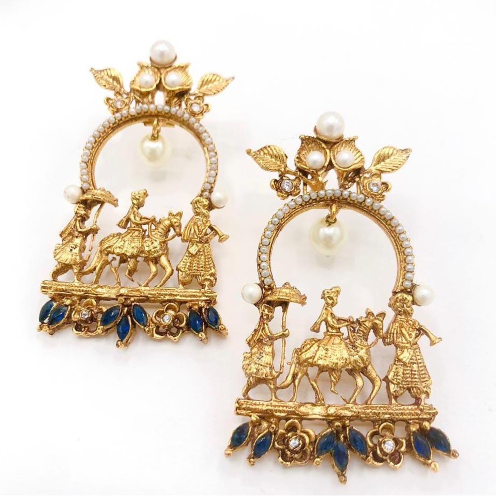 Gold with white pearl and sapphire gem stone Exquisite,traditional earrings.